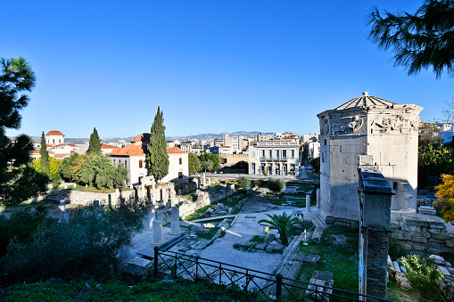 Athens, Greece - December19, 2023: Ancient Roman Agora - Marketplace - with tower of the winds in Plaka district