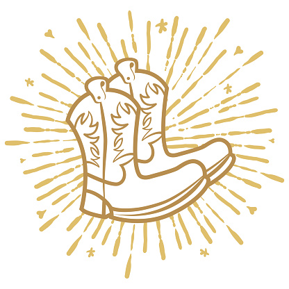 Vector Illustration of a Cowboy Boots Over Gold Rays Hipster Style