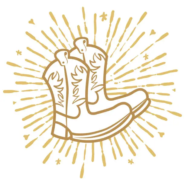 Vector illustration of Cowboy Boots Over Gold Rays Hipster Style