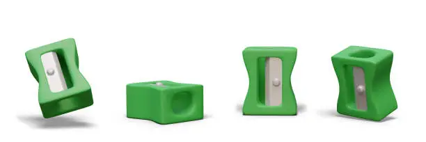 Vector illustration of Collection of cartoon sharpener device in different positions in green colors