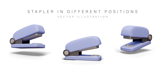 Realistic stapler. Office device for automatic binding of sheets with metal staples. Concept for stationery store, school supplies. Color detailed model from different angles