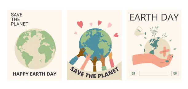 Vector illustration of Happy Earth day banners set. Save the planet retro posters. Collections templates for holiday design. Vector flat illustration
