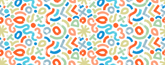 Fun colorful seamless banner design with various basic geometric shapes and bold lines. Hand drawn Memphis childish geometric shapes with dry brush texture. Creative abstract seamless pattern.