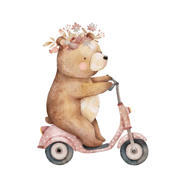 ilustrações, clipart, desenhos animados e ícones de ilustração em aquarela de um urso de desenho animado bonito em uma scooter com uma coroa de flores. - glade greeting card illustration and painting pink