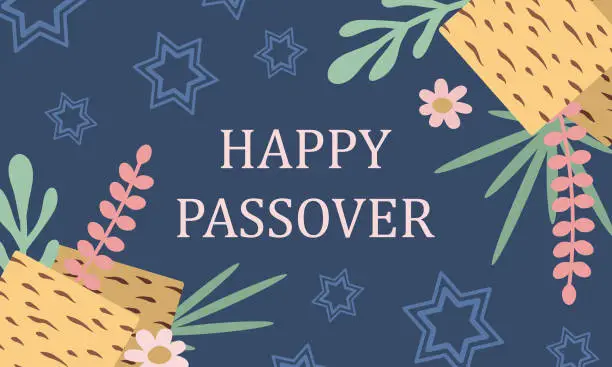 Vector illustration of Passover holiday concept. Matzo, flowers, plants, star of David. Vector illustration for your design