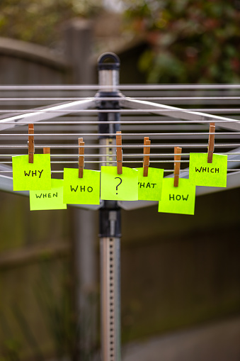 Brightly colored sticky notes hanging on the washing line. Words such as how, why, who, when, what, as well as a question mark, are written in magic marker on the notes.