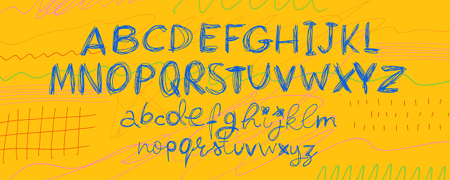 Hand drawn colorful childish alphabet letters. Pencil or pen punk style calligraphy letters. Scribbles and scrawls with simple pattern. Lower case, upper case. Street art lettering, urban typography.