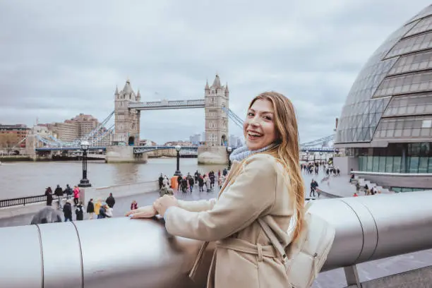Wide panoramic angle outdoors portrait of a beautiful light haired white woman in her 30s posing on Southbank river Thames with toothy wide smile looking directly in camera and having fun exploring the capital city of London, England. Selective focus technique used with priority on the model and defocused/blurred skyline with recognisable architecture of Tower Bridge and down town and accidental/unrecognizable visitors. Image created during cold season and the model is dressed in warm casual clothes in light cream colours, wearing a leather back pack on a cloudy day during cold season - creative stock photo