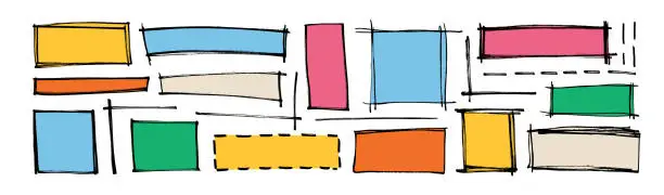 Vector illustration of Hand drawn colored rectangle frames silhouettes with pencil outlines. Scribble pencil drawn squares or rectangles.