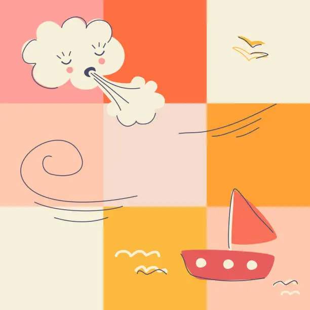 Vector illustration of cute bright seamless marine pattern with steamship and cloud