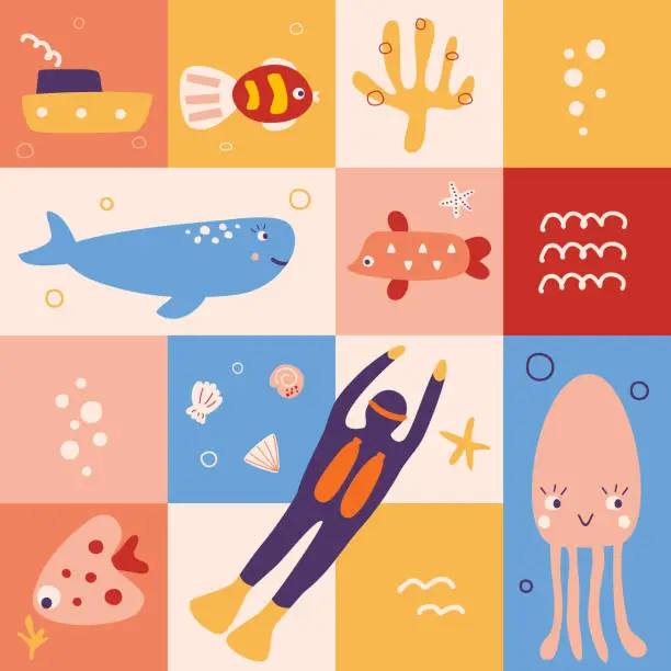 Vector illustration of Cute bright seamless pattern with funny sea animals, scuba diver and boat