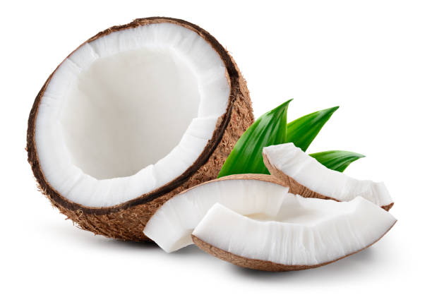 istock Coconut isolated. Coconut half with slice and piece on white background. Coco nut with leaf. Full depth of field. 2058002796