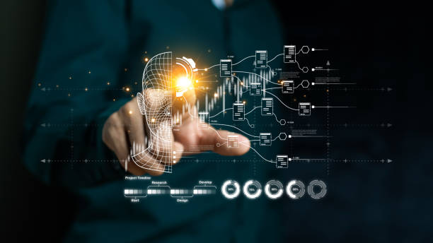 istock Businessman touch automated data management system to create reports with KPIs and indicators connected to the database. Data analysis with intelligent AI robot technology in business analysis. 2058003348