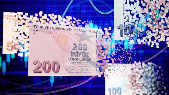 Digital Turkish Lira Cryptocurrency or Money Transfer Concepts. 3D Render