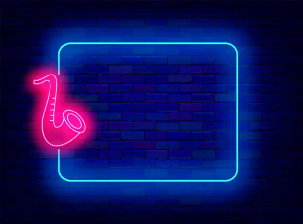 Vector illustration of Jazz music concert neon advertising. Empty blue frame and saxophone symbol. Vector stock illustration