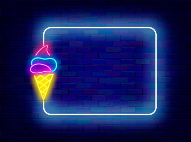 Ice cream shop neon poster. Sweet cold dessert. Ice cream cone and empty white frame. Vector stock illustration Ice cream shop neon poster. Sweet cold dessert. Ice cream cone and empty white frame. Cafe, restaurant greeting card. Copy space. Editing text. Vector stock illustration neon sign ice cream stock illustrations