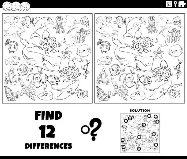 Vector illustration of differences game with cartoon marine animals coloring page