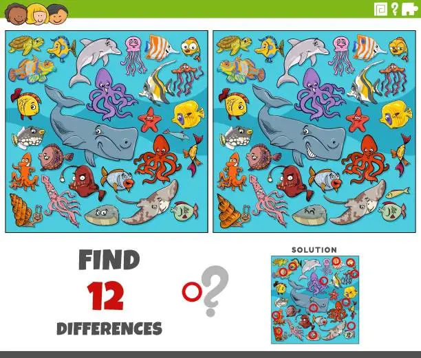 Vector illustration of differences game with cartoon marine animals group