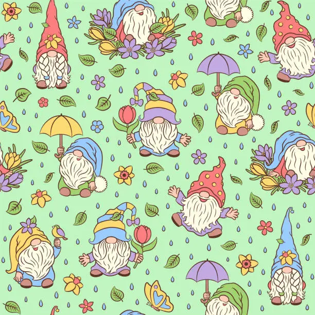 Vector illustration of Funny spring gnomes seamless pattern. Garden gnome hat on eyes cute nose.