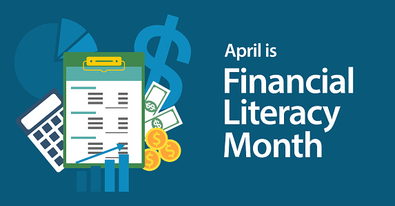 National Financial Literacy Month. Business success, personal finance education concept. Observed in April.  Vector illustration banner