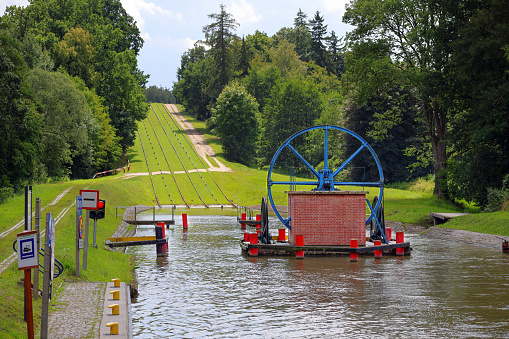 Elblg Canal (Kana Elblski), famous landmark of Warmian-Masurian, Poland. Navigable waterway,boat is hauled and transported on the platform cart to overcome the difference in water levels.