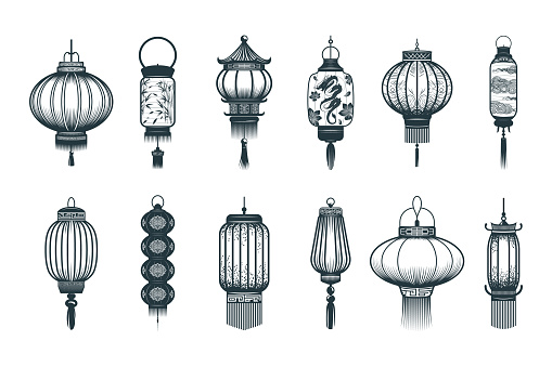 Chinese traditional lanterns  set.  Hand drawn collection of decor elements isolated on white background. Vector illustration for greeting cards, tattoo and print.