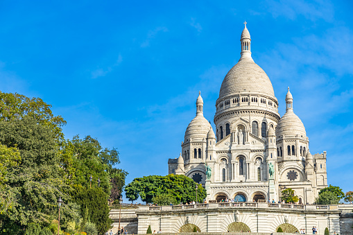 Paris, France - September 10, 2023 : Front view of the Basilica of the Sacred Heart in Montmartre in Paris, France