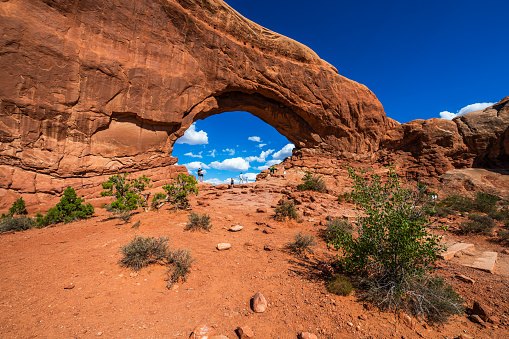 Wide Panoramic view of the Wolfberg Arch with people, Southern Cederberg Wildernis Area, Western Cape, South Africa