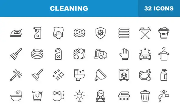 Vector illustration of Cleaning Line Icons. Editable Stroke. Contains such icons as Bacteria, Washing, Towel, Ironing, Laundry, Vacuum Cleaner, Cleaning Gloves, Washing Machine, Soap, Waste Container.