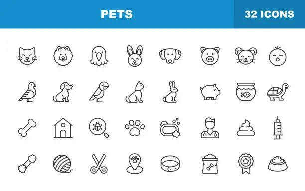 Vector illustration of Pets Line Icons. Editable Stroke. Contains such icons as Pet, Animal, Domestic Animal, Dog, Puppy, Eagle, Bird, Cat, Kitten, Bunny, Rabbit, Pig, Mouse, Chick, Dove, Parrot, Golden Fish, Tortoise.