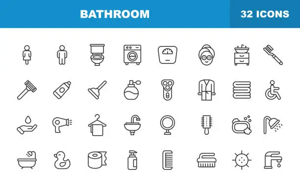 Vector illustration of Bathroom Line Icons. Editable Stroke. Contains such icons as Razor, Toilet, Hair Dyer, Towel, Hanger, Comb, Mirror, Washing Machine, Perfume, Faucet, Sink, Weight Scale, Soap, Soap Container.