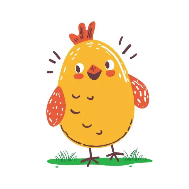 Vector illustration of Cute Easter chicken on spring meadow with green grass in kawaii style. Funny cartoon character for holiday greeting cards