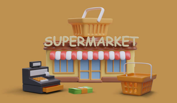 istock Supermarket advertising concept on colored background. Shop with text sign, inventory, banknotes 2058094436