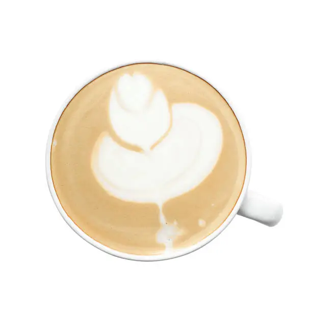 Top view.   latte art coffee on whitecup isolated white background.