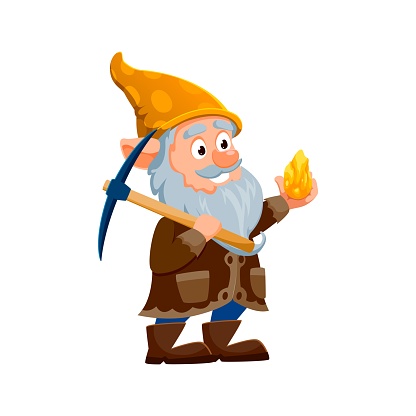 Cartoon gnome or dwarf miner character triumphantly holding gleaming gold nugget. Isolated vector curious personage with pickaxe and pointed hat ready to unearth treasures in magical underground world
