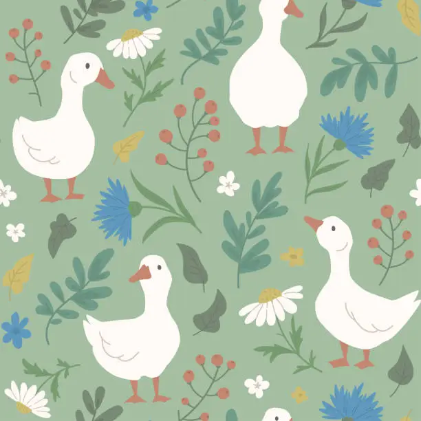 Vector illustration of Seamless pattern with white geese, daisies, cornflowers and twigs
