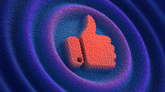 Like sign on the futuristic neon wavy pixelated background. Thumbs up symbol. Social media 3d illustration.