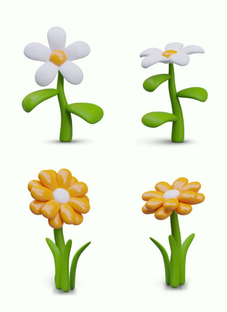 istock Set of 3D flowers in plasticine style. White chamomile, yellow dandelion 2058111811