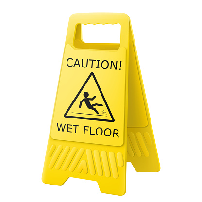 Wet floor caution sign isolated on white background. Double-sided folding yellow display stand with editable design. Slippery surface. Falling human pictogram. Realistic 3d Vector
