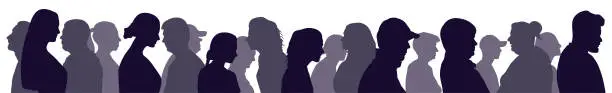 Vector illustration of Society, silhouette of  people in profile. Moving crowd. Vector illustration