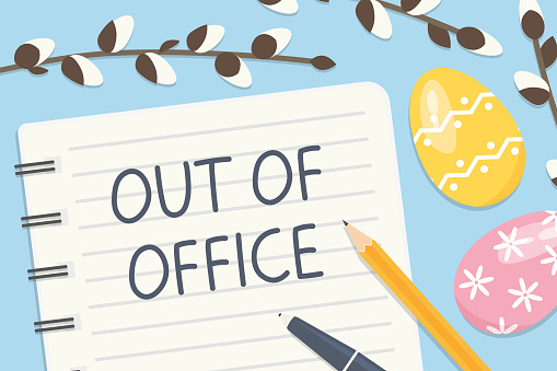 auto responder out of office written on a spiral notebook; spring, easter vacation concept - vector illustration