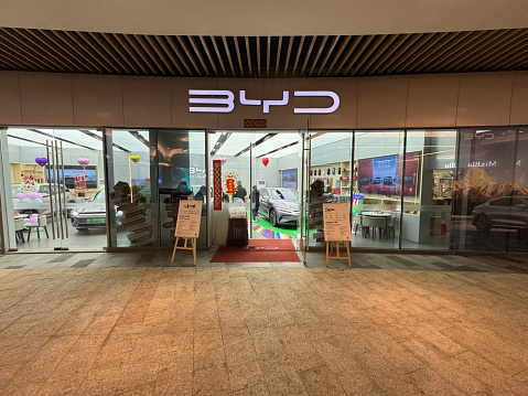 Shanghai,China-March 2nd 2024: BYD car store. Chinese electric car company
