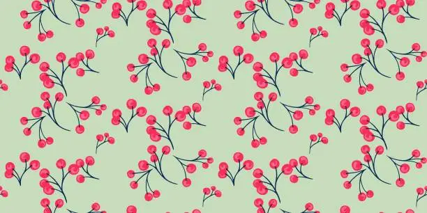 Vector illustration of Tiny abstract branches with shape stylized red berries motifs scattered randomly seamless pattern. Simple green background with creative botanical polka dots, drops, spots. Vector hand drawn sketch.