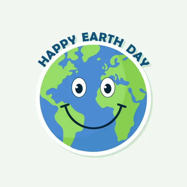 Vector illustration of Happy Earth Day card, smiling Planet Earth cartoon sticker, vector illustration