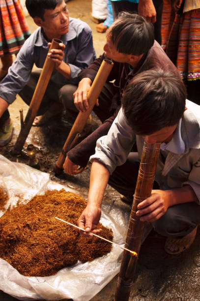 Bamboo Pipe Ritual: Smoking Traditions at Bac Ha Market, Vietnam Culture and Smoke intertwine at Bac Ha Market, Vietnam bac ha market stock pictures, royalty-free photos & images