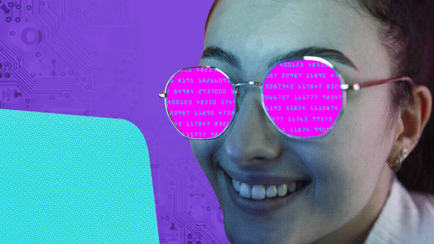 istock Modern aesthetic artwork. Young woman in glasses using laptop and encoding reflect in it. Internet safety training. 2058193562