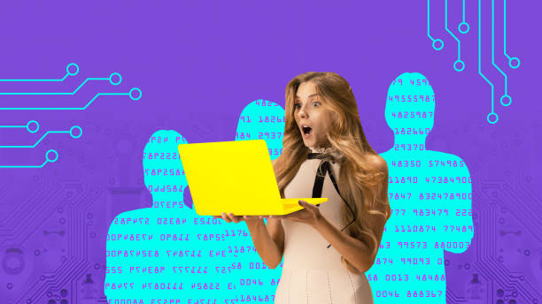istock Modern aesthetic artwork. Shocked woman using laptop while silhouettes with encode stands behind her and monitors actions. Personal data protection. 2058193573