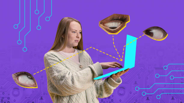 istock Modern aesthetic artwork. Woman using laptop and eyes from different angles trying to spy on girl. Digital crime. 2058193574