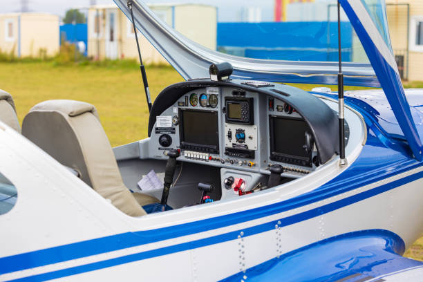 Krasnoyarsk, Russia - September 02, 2023: Dashboard in cabin of light two-seat single-engine aircraft NG4 HD airplane ready to flight