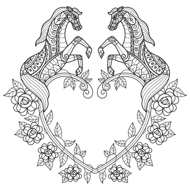 Vector illustration of Horse and heart frame hand drawn for adult coloring book